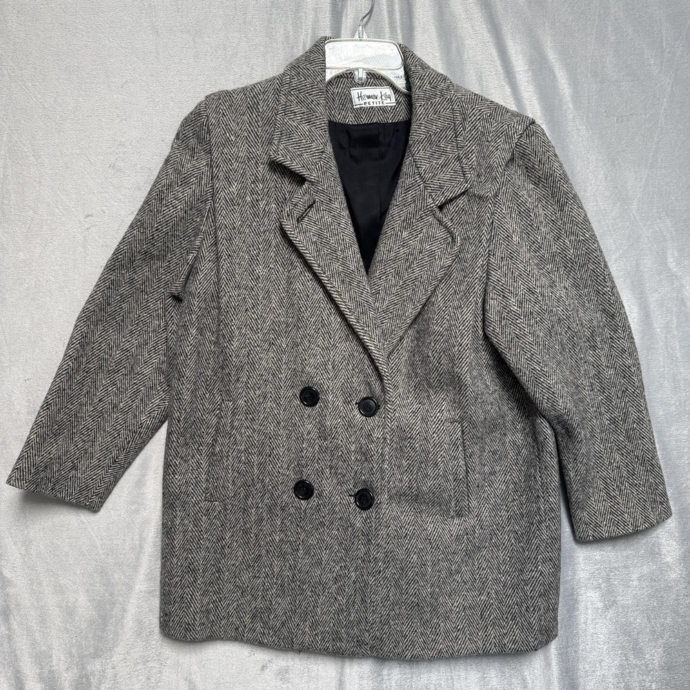 Herman Kay Coat Womens 10 Petite Gray Herringbone Wool Blend Double Breasted